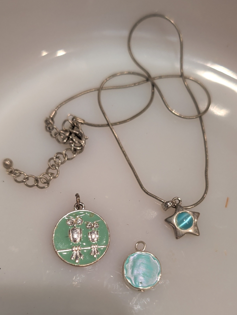 Silver Star Necklace with Aqua Blue Pendant and Mint Charm